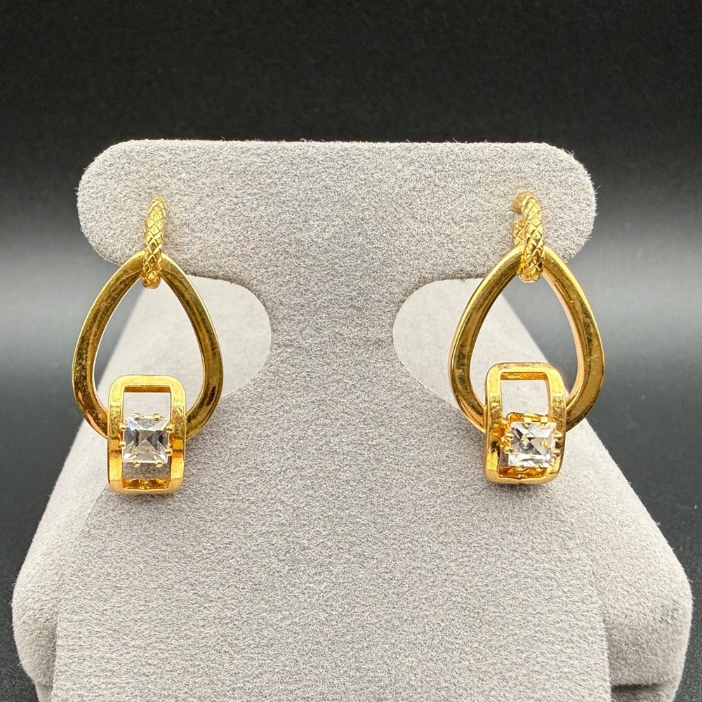 Vintage Gold Tone Crystal Rhinestone Door Knocker Earrings Geometric Mid Century